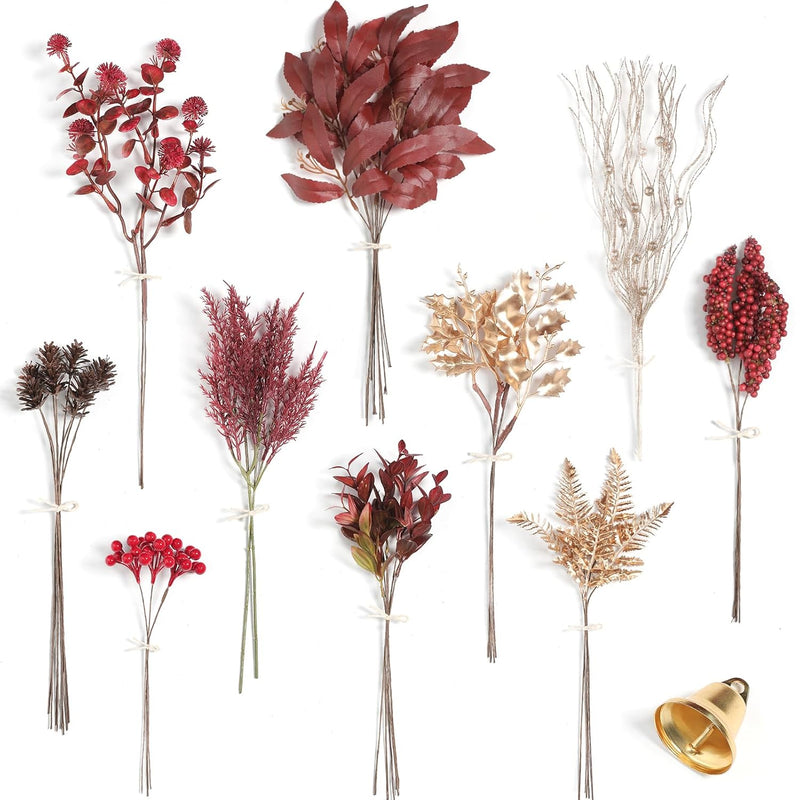 Christmas Artificial Greenery Stems Box Set(Pack Of 45Pcs) With 11 Kinds Of Fa