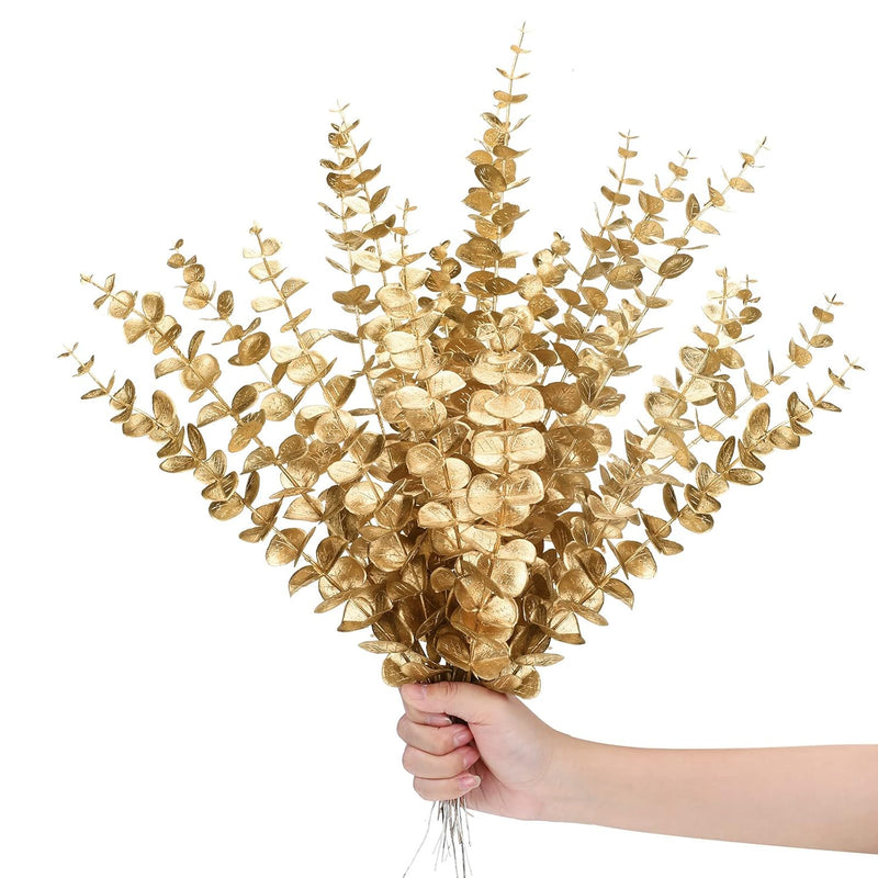 12 Pieces Gold Artificial Eucalyptus Stems Faux Eucalyptus Spray Fake Leaves D