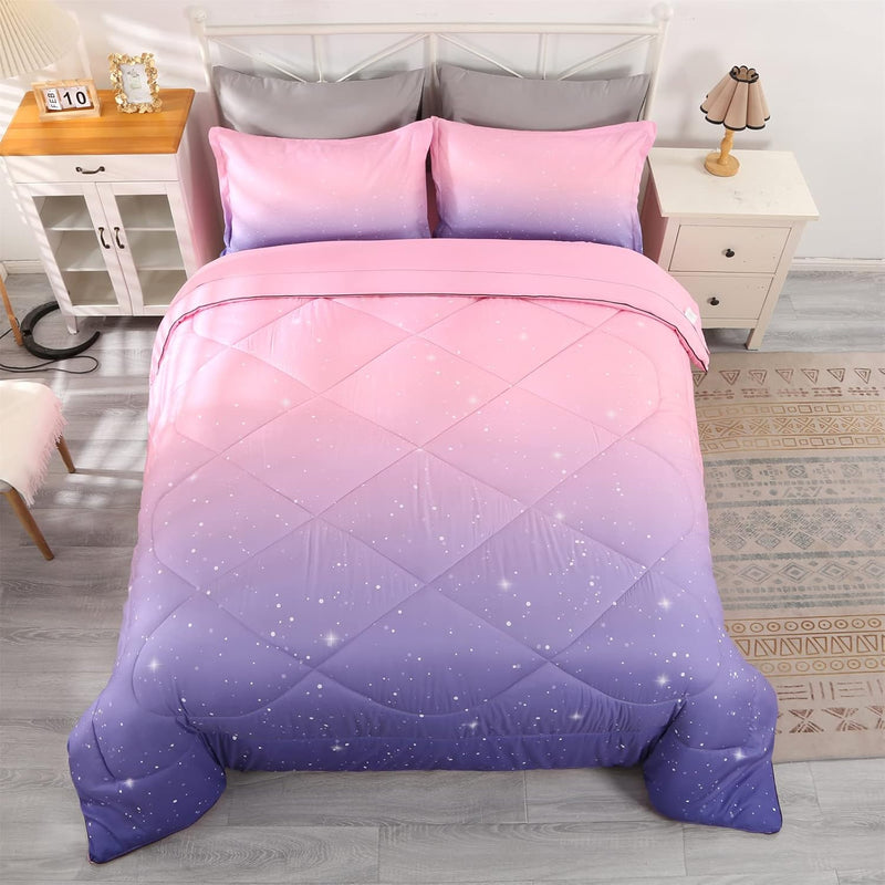 Galaxy Bedding Queen, Queen Size Comforter Sets For Teen Girls Pink Purple, Bo
