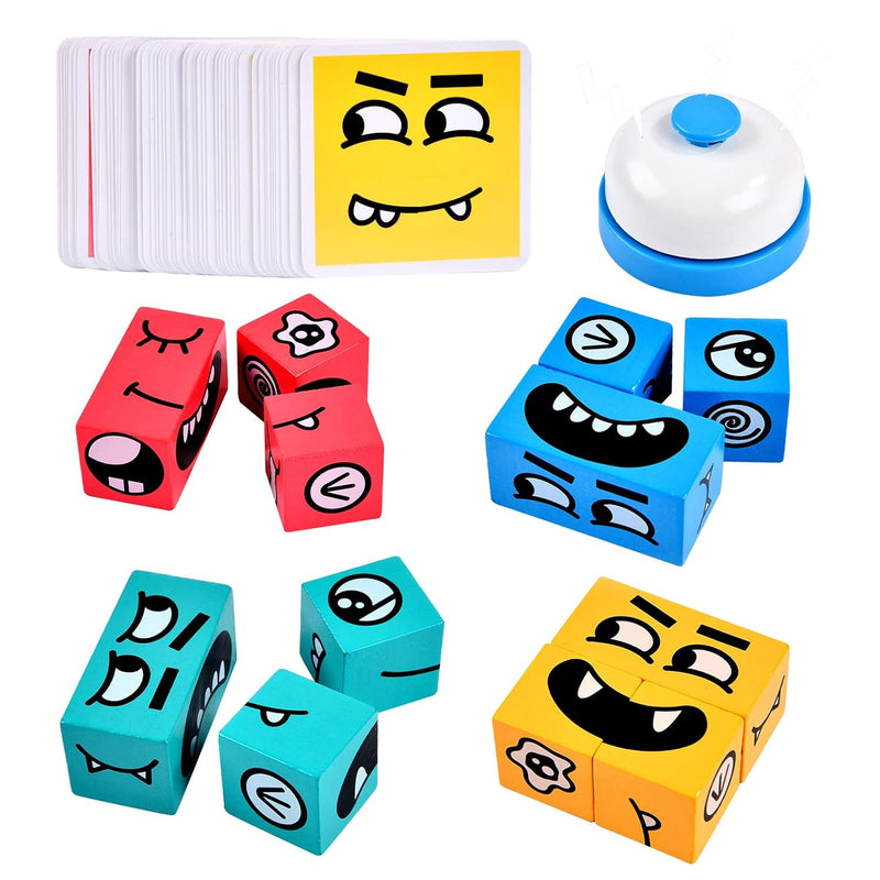 Wooden Face Changing Magic Cube Building Blocks Game Matching Expression Pu