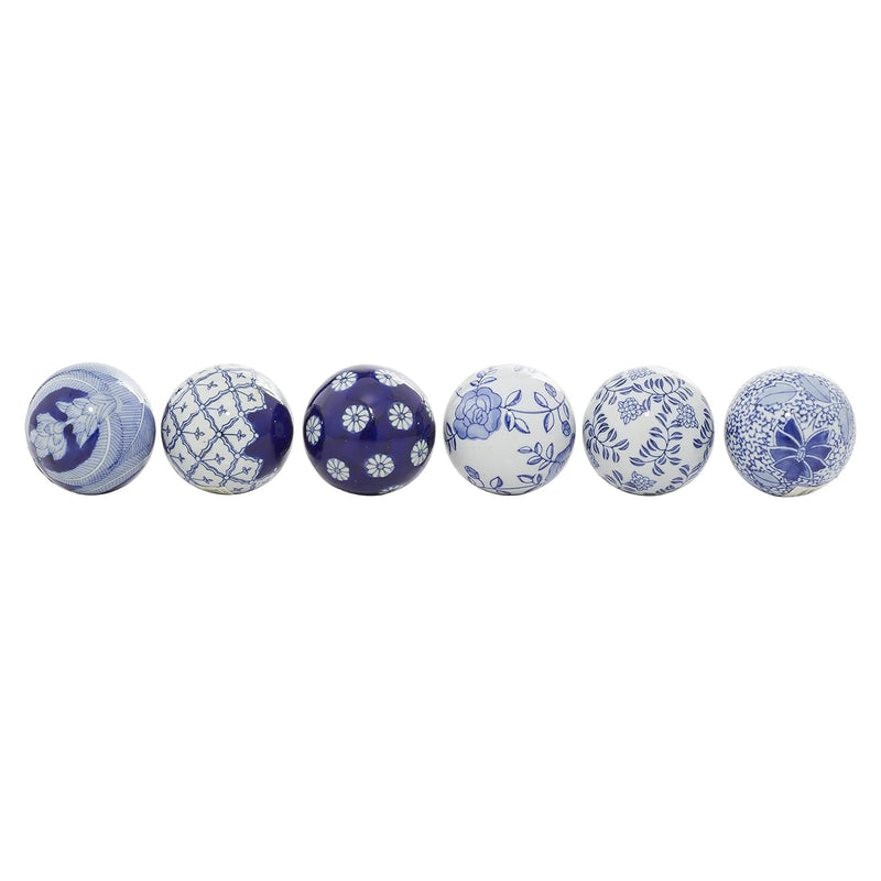 Ceramic Round Orbs & Vase Filler With Varying Patterns, Set Of 6 3"D, Blue