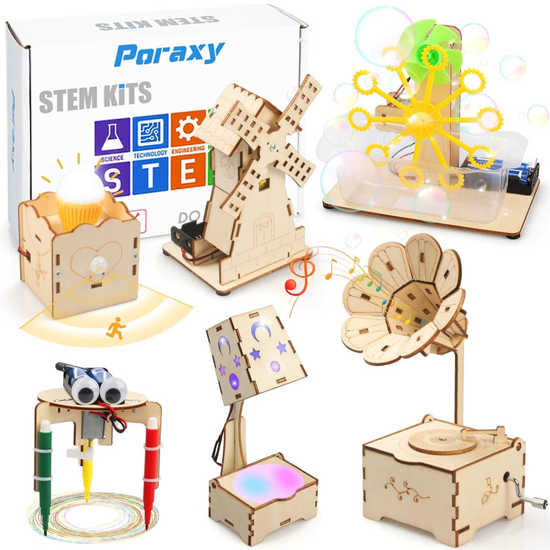 Poraxy STEM Kits for Kids Age 8-10-12, 6 in 1 Science Kits, Wooden 3D Puzzl