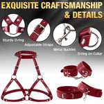 Leather Neck-to-Thigh Chest Harness with Wrist & Thigh Cuffs for Couples Play