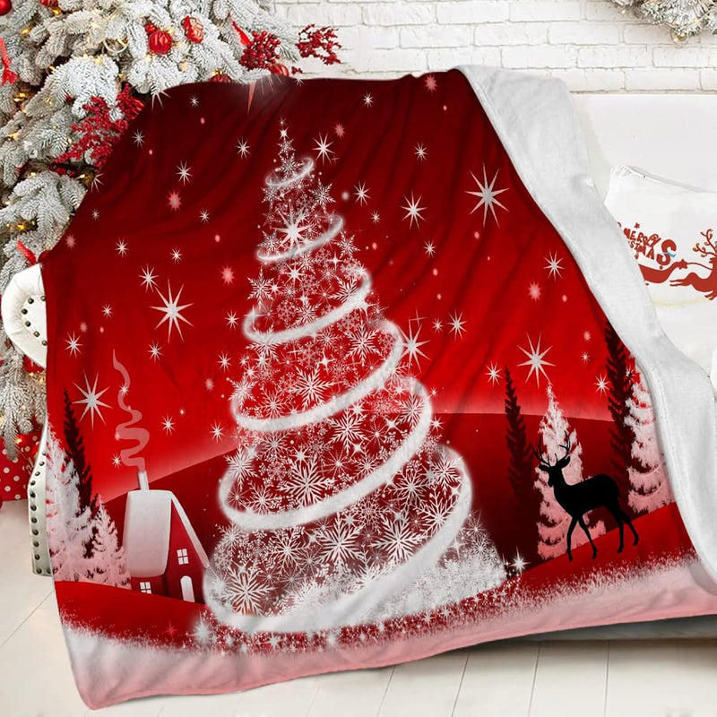 Christmas Throw Blanket Red Twinkle Lights Christmas Tree Deer Silhouette Flan