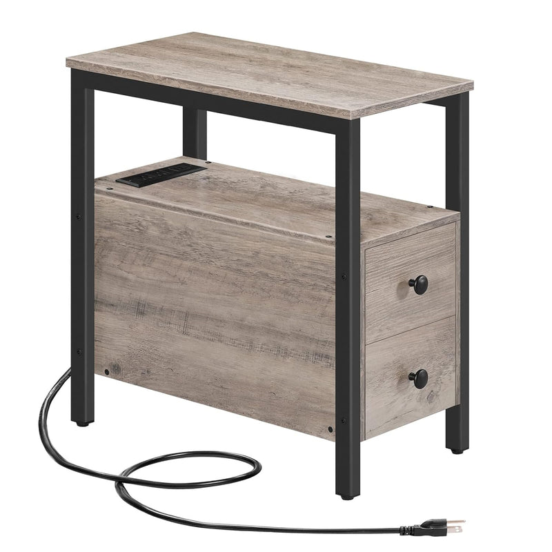 Set Of 2 End Tables With Charging Station, Narrow Side Table With Drawers & Us