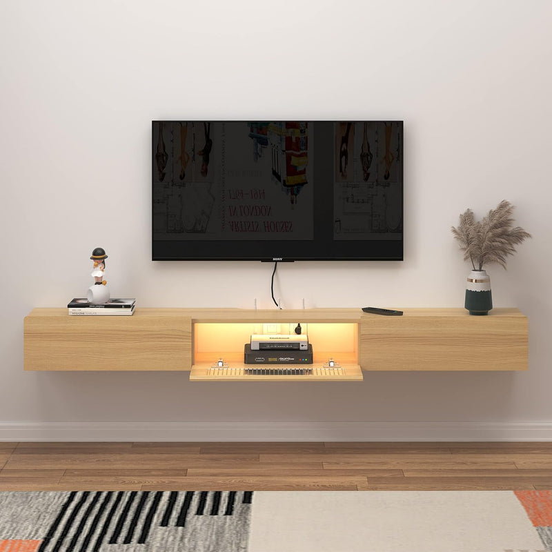 Floating Tv Stand With Led Lights, 71'' Wall Mounted Tv Cabinet With Glass Doo