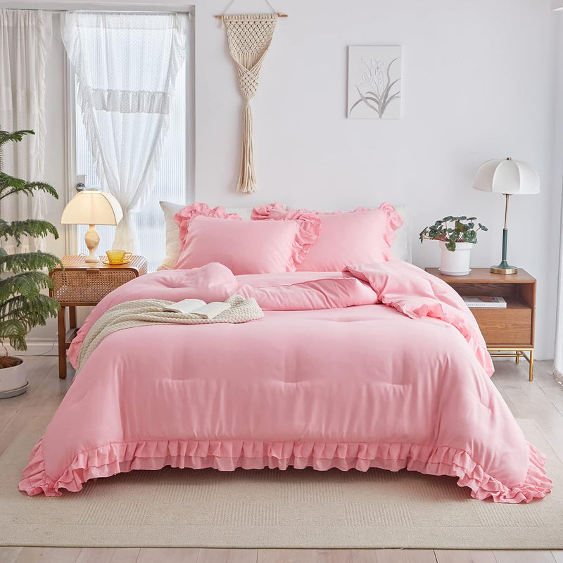 Pink Ruffle Comforter Set Full/Queen Size, 3 Pieces (1 Ruffled Comforter And 2