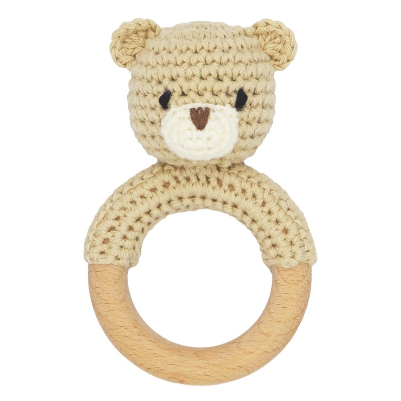 Safari Animals Wooden Baby Rattle Toys Stuffed Crochet Rattle With Teether