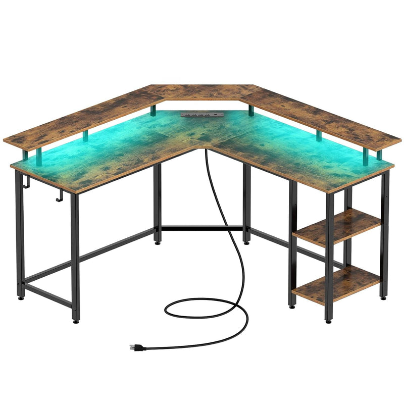 Computer Desk 56'' L Shaped With Led Strip & Power Outlets, Reversible L Shape