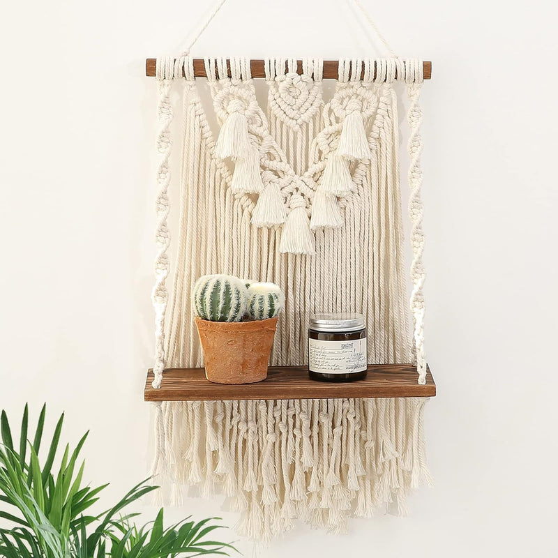 Single Tier Macrame Boho Wall Hanging Shelf, Handmade Bohemian Wooden Woven Pl