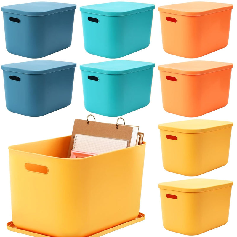 8 Pieces Colorful Storage Bins With Lid And Handle, Plastic Stackable Baskets De