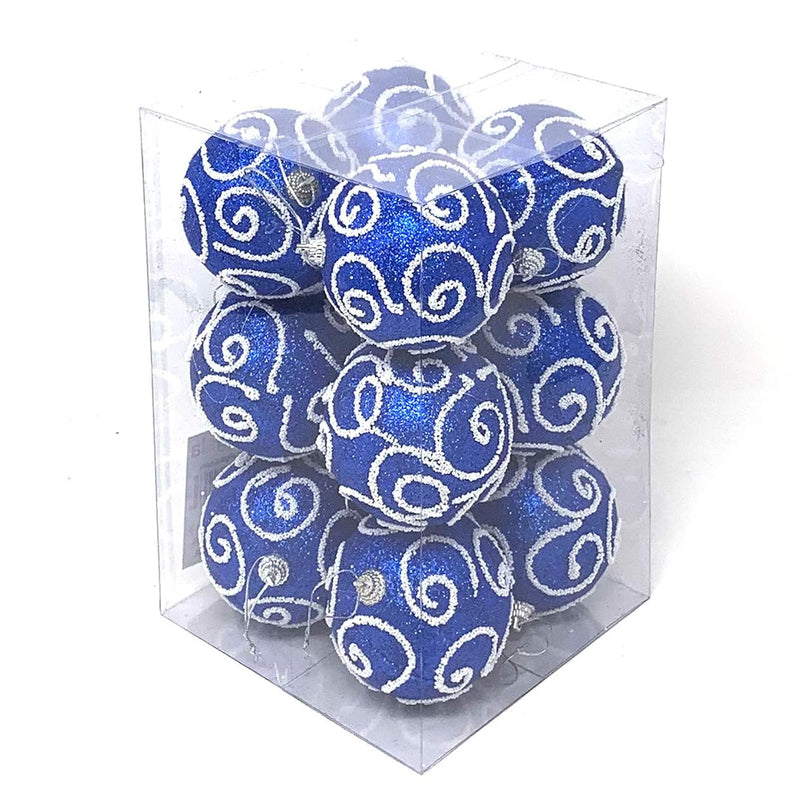 Christmas Tree Ornament Balls, 12 Pk Glitter Decorated Foam 3" Blue Large Xmas