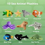 PREXTEX 10 Piece Plush Soft Stuffed Sea Animals - Small Stuffed Animals Bulk - Playset Plush Assortment, Turtle, Stingray, Nemo Fish, Killer Whale and More - Bulk Stuffed Animals