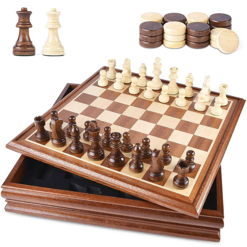 Chess And Checkers Board Game Sets For Adults Wooden Deluxe 15 Inch Wood Bo