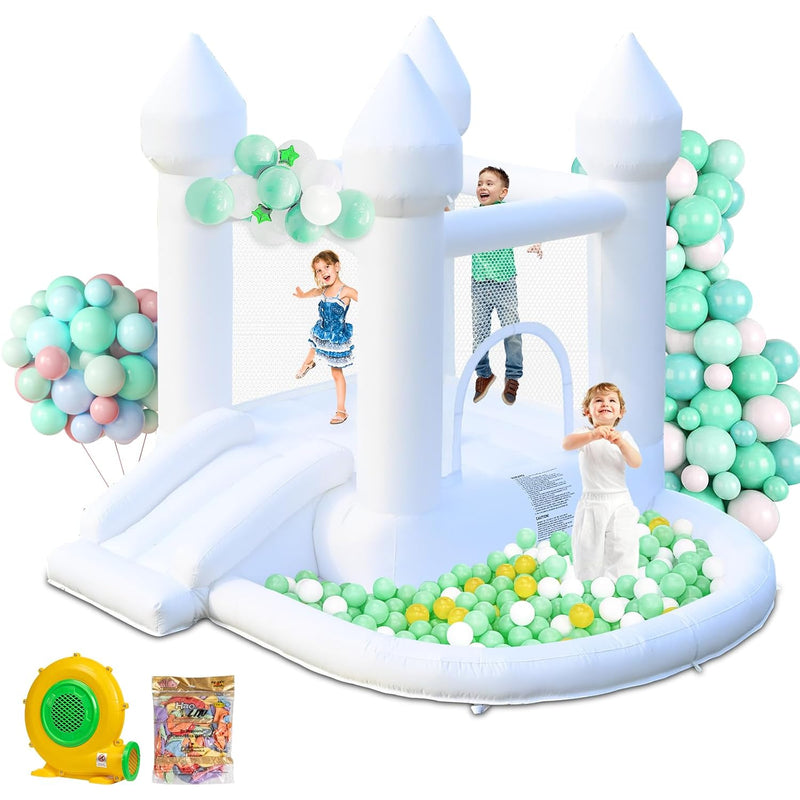 White Bounce House, Inflatable Bounce House With Ball Pit & Slide For Kids Ind