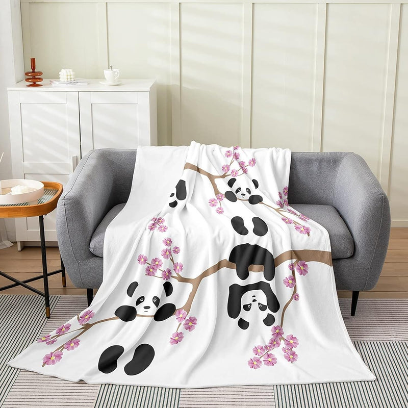 Cartoon Panda Throw Blanket For Kids Boys Girls Pink Cherry Blossom Fleece Bla