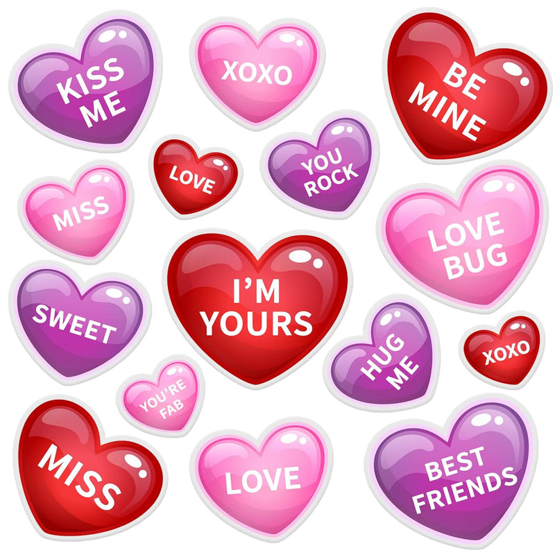 30Pcs Valentine'S Day Thick Gel Clings Red Pink Purple Conversation Heart Wind