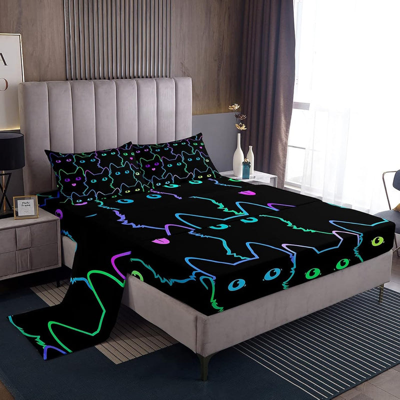 Cute Cartoon Cat Sheets Set Full Size,Simple Strokes Animals Kitten Kids Girls