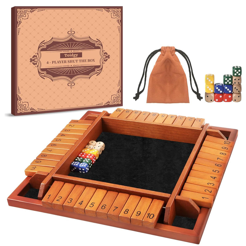 4 Players Shut The Box Dice Games, Wooden Board Table Math Game With 12 Dic