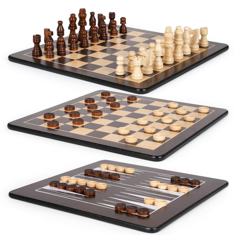 3-in-1 Wooden Chess, Backgammon Set and Checkers Set- 12 Inch Portable Boar