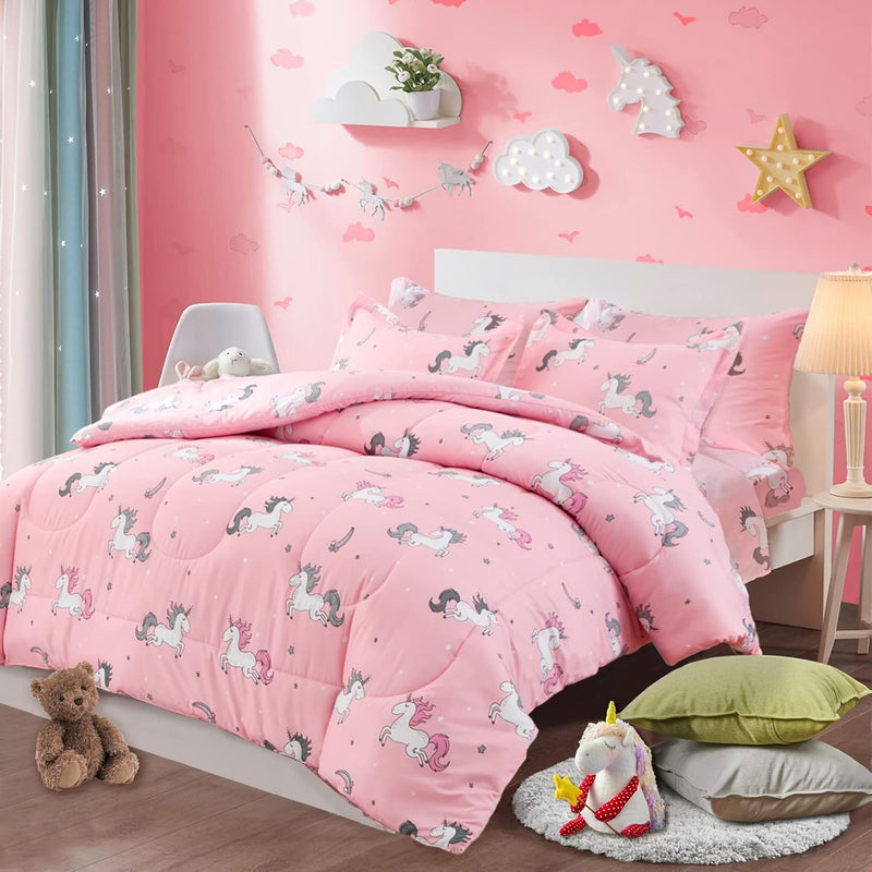 Bed In A Bag 6 Pieces Twin Size Unicorn Pink With Rainbow Star - Soft Microfib
