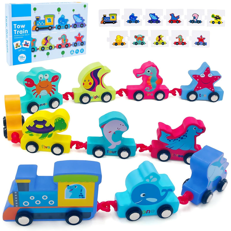 Wooden Ocean Animals Train Set Toy For 2 3 4 Year Old Girls And Boys Birthday
