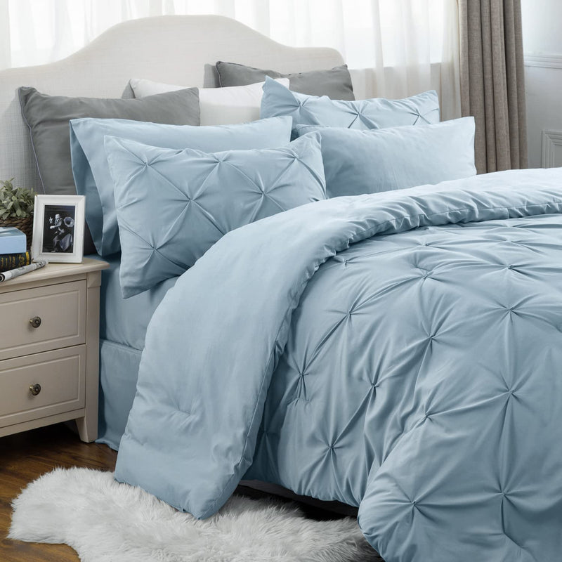 California King Comforter Set - Cal King Bed Set 7 Pieces, Pinch Pleat Light B