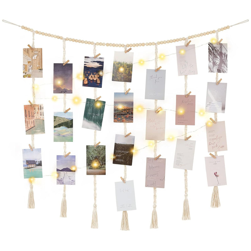Macrame Hanging Photo Display Wall Decor With String Lights, Boho Wooden Beads