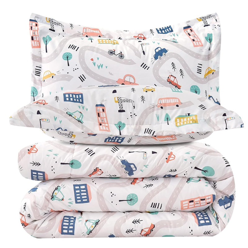 Car Kids Printed Comforter Set For Boys Girls, 2 Pieces Twin Microfiber Comfor