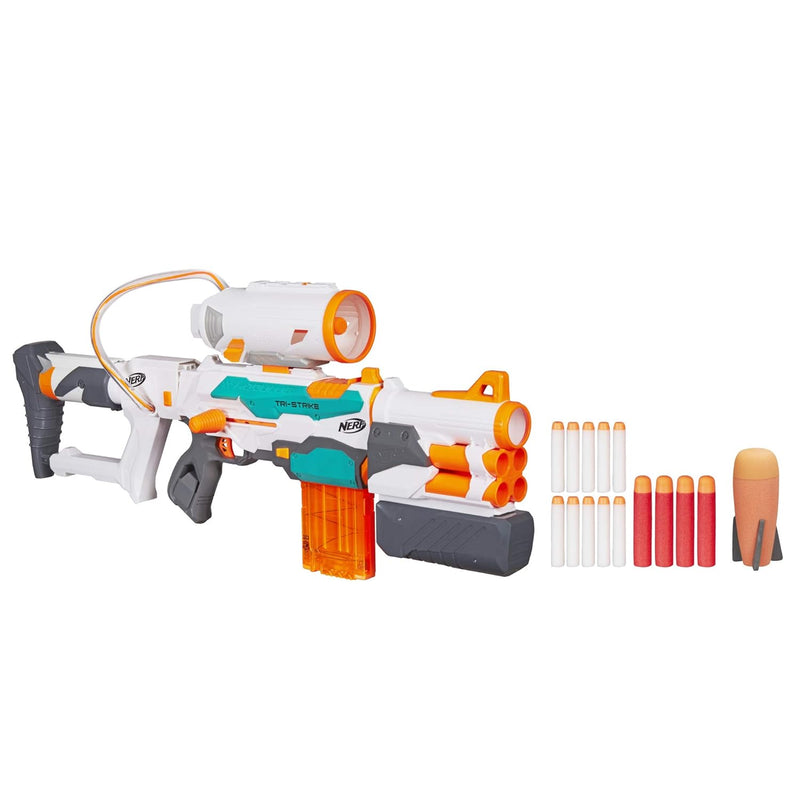 Nerf Modulus Tri-Strike Blaster, Mega Barrel, Rocket Launcher, Clip, 1 Rock