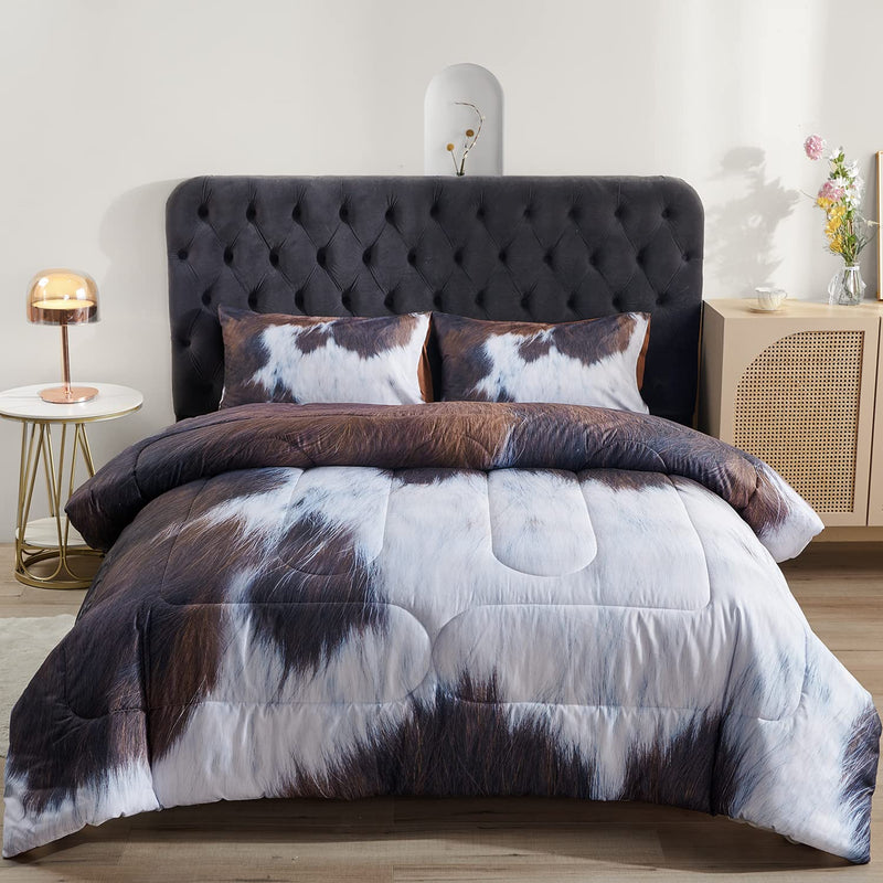 Cow Print Comforter Set Queen Size, Highland Cowhide Rustic Farmhouse Bedding