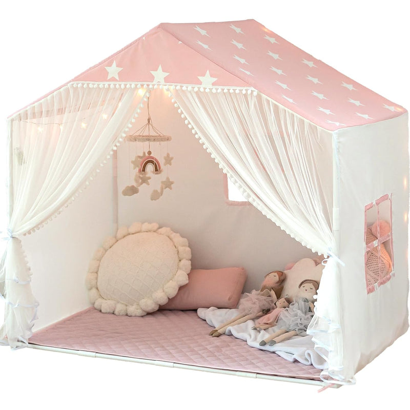 Kids Play Tent With Mat, Large Playhouse Tent With Pompoms Door Curtains, C