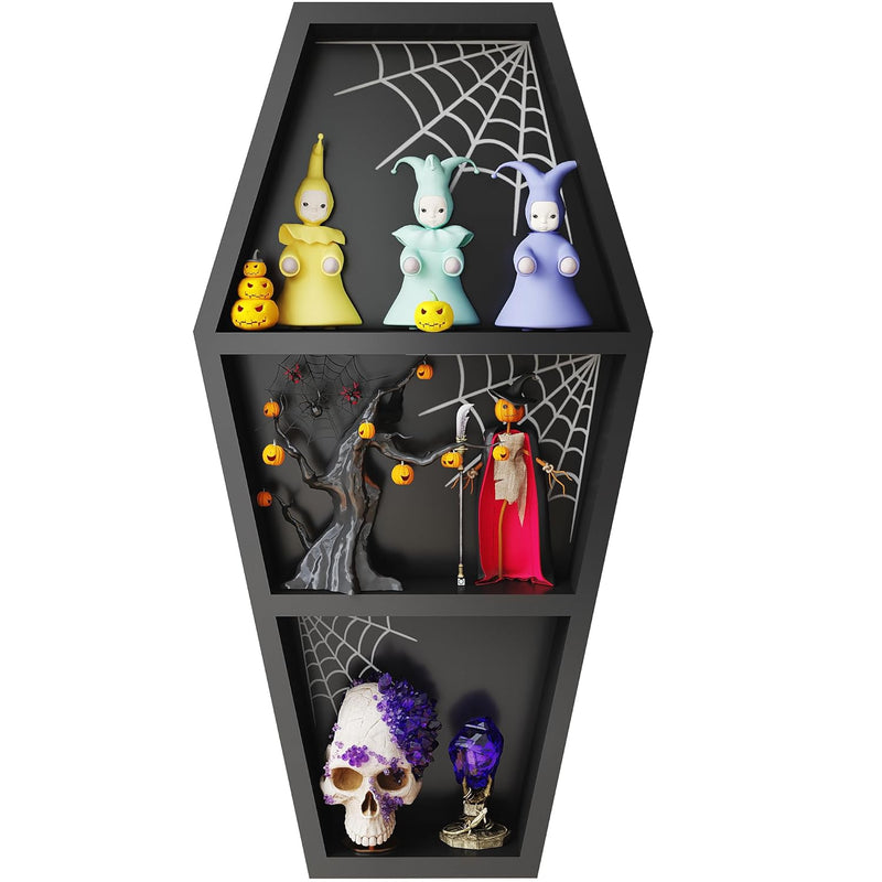 Halloween Goth Coffin Shelf 24 Inches With Spider Web, Wooden Coffin Bookshelf