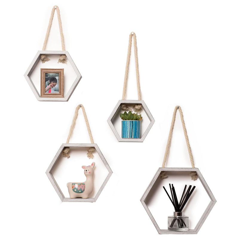 Dual Purpose Floating Or Hanging Hexagon Shelves - Washed White Set Of 4 Hexag