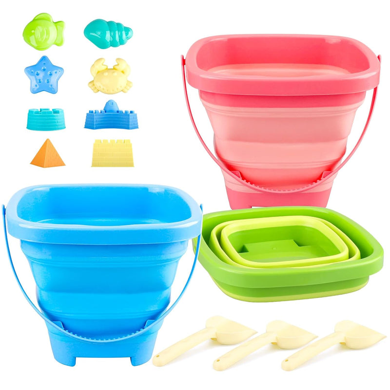 Beach Toys, 3 Packs Collapsible Sand Bucket Set With Sand Castle Toys, Anim