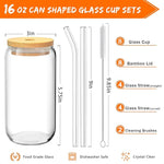 8 Pcs Drinking Glasses with Bamboo Lids and Glass Straw - 16 Oz Can Shaped Glass Cups Beer, Ice Coffee Glasses Cute Tumbler Cup Great for Soda Boba Tea Cocktail Include 2 Cleaning Brushes
