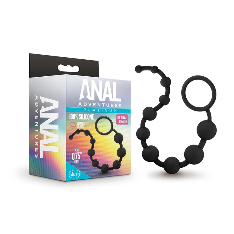 Anal Adventures Platinum Ultrasilk Silicone 10 Beads Graduated Sizes - Beginners Training Smooth Satin Finish Adult Toy - Anal Beads - Sex Toys For Women Men Couples - Black