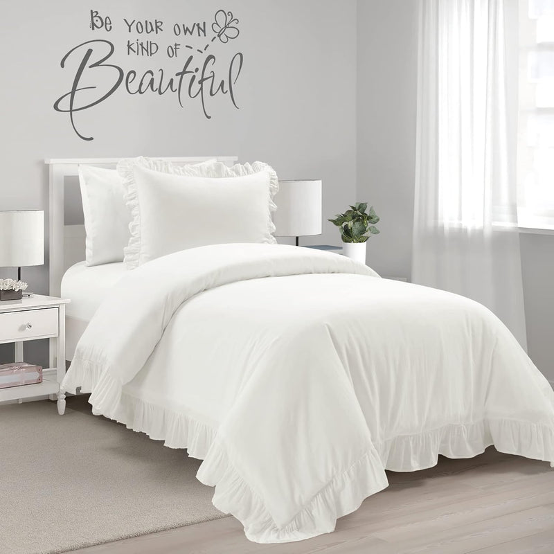 Reyna 3-Piece Ruffled Cotton Duvet Cover Bedding Set, Twin-Xl, White