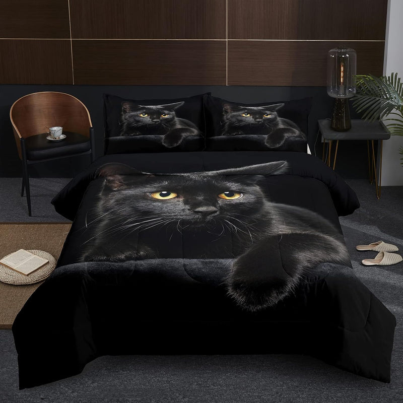 Cat Comforter Bedding Set Twin For Girls Kids,Black Cat Lying On The Black Sof