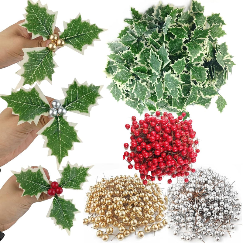 300Pcs Artificial Holly Berries With 100Pcs Green Leaves Gold Silver Red Holly
