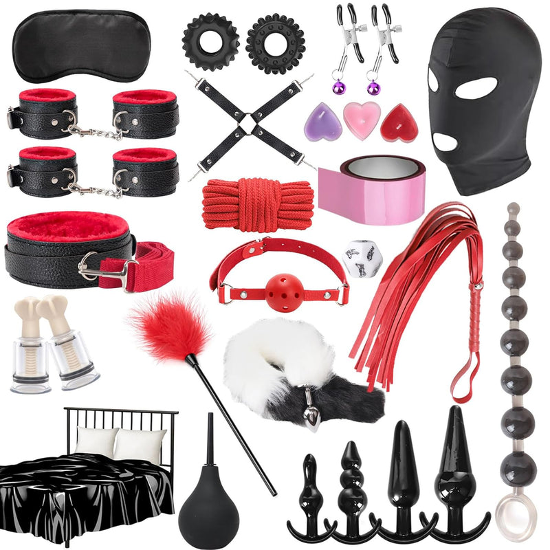 Bdsm Toys For Sex Bondage, 30 Pcs Restraints Sex Toy Kit Couples Sex Toys, Bondage Restraints With Handcuffs Ankle Cuff Anal Plug Beads, Bdsm Waterproof Sheet Sex Kinky Things For Couples