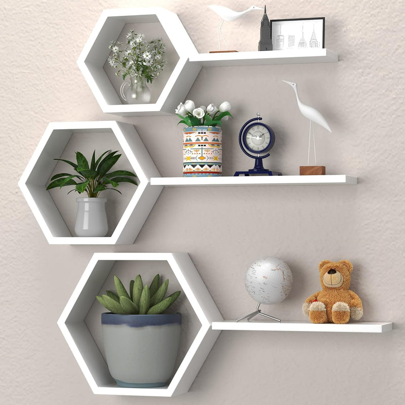 Wooden Hexagon Floating Shelves Wall Mounted, Honey Comb Shelves Set Of 6, Geo