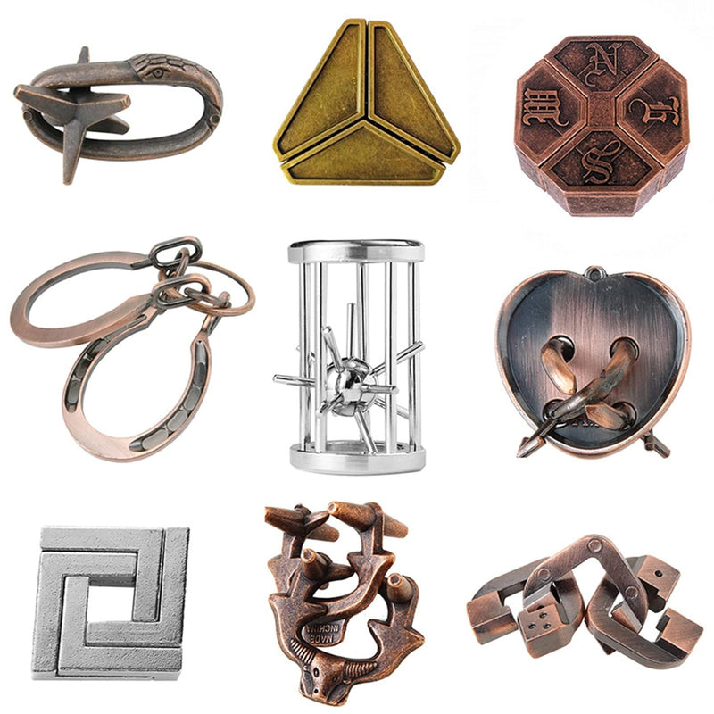 9Pcs/Set Brain Teaser Metal Puzzle Sets, 3D Unlock Interlocking Puzzle, Metal