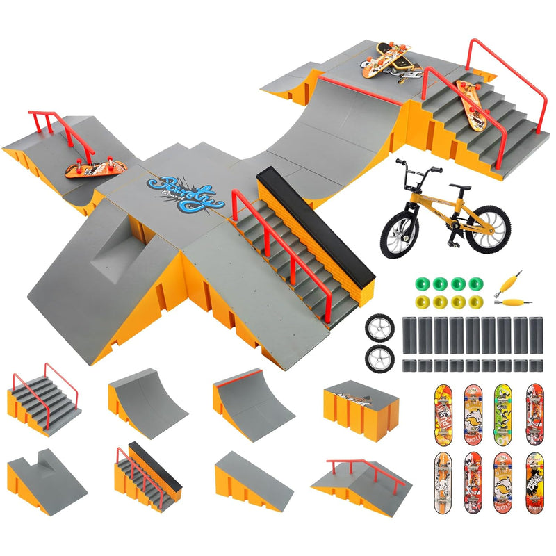 Finger Skateboard Park Kits,14 In 1 Bigger Finger Skateboard Ramp Set With 14