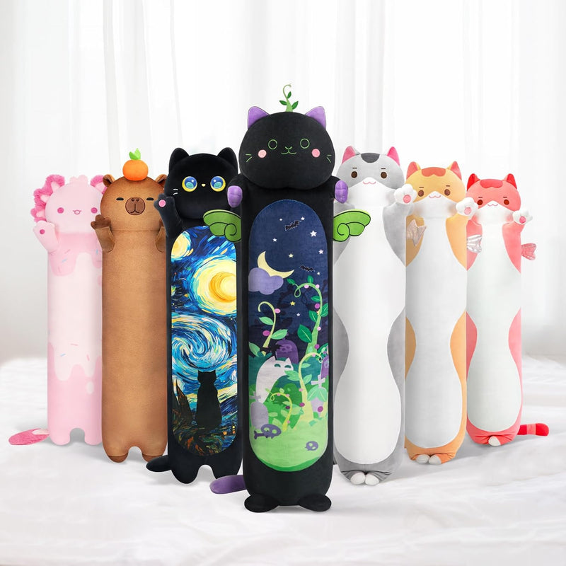 Long Cat Plush Kawaii Body Pillow, 20” Cute Black Cat Stuffed Animals Soft