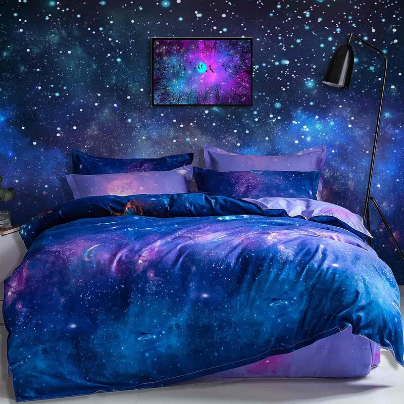 Galaxy Duvet Cover Queen Size - 3 Piece Modern Universe Star Printed Reversibl