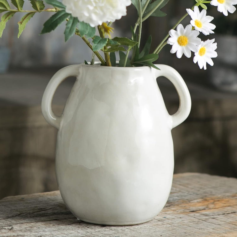 White Ceramic Vase With 2 Handles, Modern Farmhouse Vase For Home Decor, Rusti