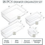 SimpleSort 18-Piece Stackable Clear Drawer Organizer Set | Multi-size Trays | Makeup Vanity Storage Bins and Office Desk Drawer Dividers