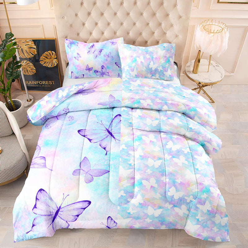 Butterfly Reversible Comforter Set,Rainbow Butterfly Bedding Set For Girls Kid