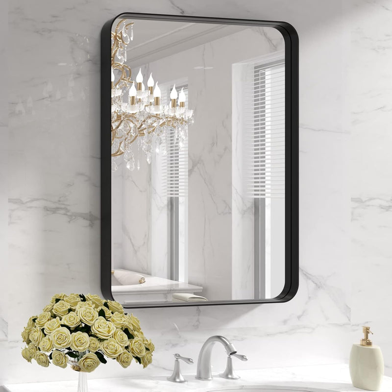 Black Metal Framed Bathroom Mirror For Wall, 22X30 Inch Rounded Rectangle Mirr